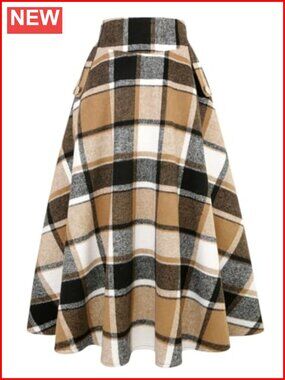 Wool Blend High Waisted Plaid A-Line Maxi Long Skirt